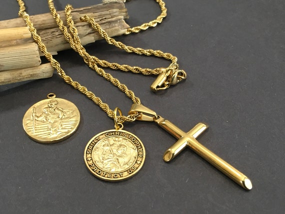 St Christopher Antique Gold Double Sided Pendant Medallion Gold Filled Cross and a Gold Stainless Steel Tarnish Free Rope Chain Etsy Canada