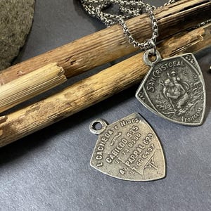 Men St Christopher Antique Silver Shield Medallion Double Sided Pendant on a Stainless Steel Box Chain Tarnish Free Necklace Saint Necklace