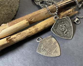 Men's St Christopher Antique Silver Pendant - Stainless Steel Necklace