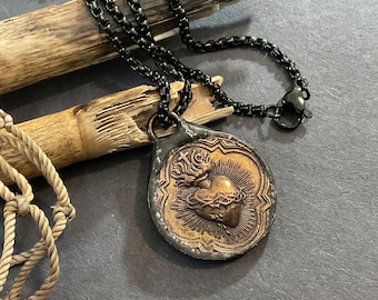 Handmade Gold Sacred Heart Pendant Necklace: Catholic Religious Medallion
