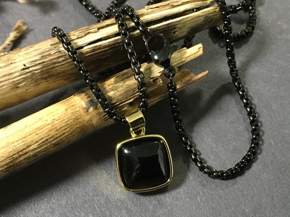 メンズ 24金 本物ブラックオニキスペンダントネックレス：ステンレス 
