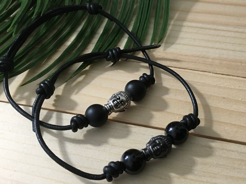Leather \u201cBuddha Head\u201d Adjustable Bracelets Large Black or Silver Buddah Head Leather or Vegan Wax Cotton Cord Bracelets