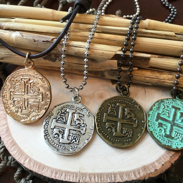 Surfer Large Relic Coin Pendant Necklace”Bronze”Silver”or “Verdigris Patina” or Gold “Choose “Vegan Cord or Stainless Silver or Black Chain