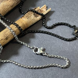 Two (2) Tarnish-Free Stainless Steel Box Chain Necklace Set: Black & Silver, Waterproof