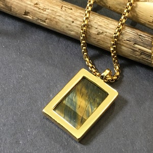 24k Gold Filled Tiger Eye Pendant Necklace: Men&#39;s Rectangle Stone
