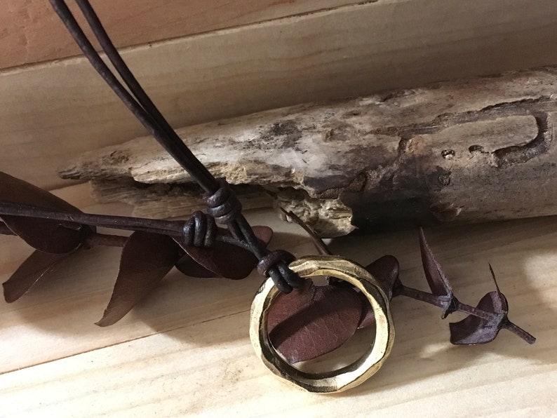 Hammered Gold\u201dEternity\u201d Circle Of Life \u201cRing Pendant on a Genuine Adjustable Choker Necklace Couples Necklace Friends Necklace