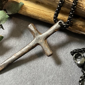 Mens Minimalist Rustic Cross Pendant on a Black 18” to 24” Custom Sized Ball Chain Stainless Steel Necklace or Black Box Men Cross Necklaces