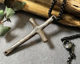 Mens Minimalist Rustic Cross Pendant on a Black 18” to 24” Custom Sized Ball Chain Stainless Steel Necklace or Black Box Men Cross Necklaces