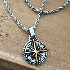 North Star Compass Pendant: Stainless Steel Rope & Wheat Chain Necklace Set