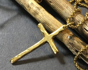Antique Gold Rustic Hammered Cross Pendant on a Stainless Steel Gold Box Chain Necklace Men Cross Necklace Cross Religious Necklace