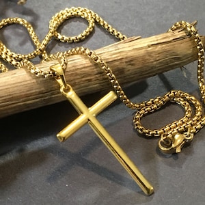 Small 18k Gold Minimal Cross Pendant Necklace Double Sided Cross on a Gold Stainless Steel 20” or 24” Box Chain  Necklace Gold Filled Cross