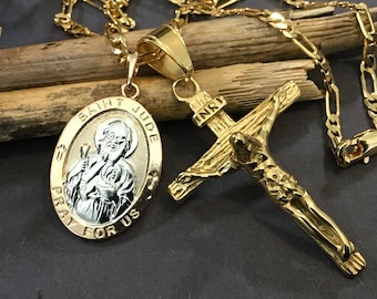 Gold St Jude Medal Gold Cross Crucifix Pendant Necklace St Jude Patron Saint of Hopeless Causes Those Seeking Employment and Facing Problems