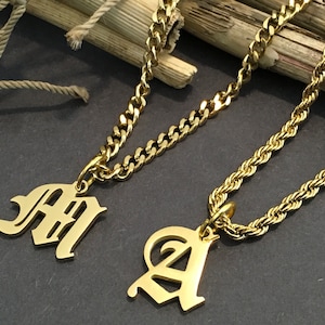 Men Personalized Gold Stainless Steel Resist Tarnish Letters on 20” or 24” Miami Cuban Necklace or Tarnish Free Rope Necklaces A-Z Letters