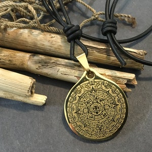 Men&#39;s Gold Mayan Sun Calendar Pendant: Stainless Steel Aztec Medallion, Adjustable Leather/Vegan Cord