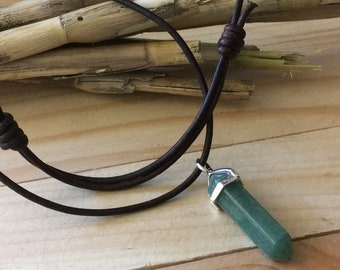 Green Aventurine Healing Crystal Pendant Point With a Silver Bail on a Adjustable Genuine Leather or Vegan Wax Cotton Cord Necklace