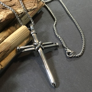 Nail Cross Center Tied Nail Cross on a 20” or 24” Round Thick 3mm Heavy Box Tarnish Free Stainless Steel Cross and Necklace Pendant Necklace