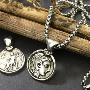 Alexander the Great Silver Coin Made in Europe Replica Pendant on a Waterproof Resist Tarnish Stainless Steel Necklace