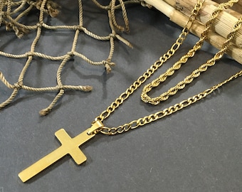 Men's Gold Cross Pendant Necklace: Stainless Steel Figaro & Rope Chain