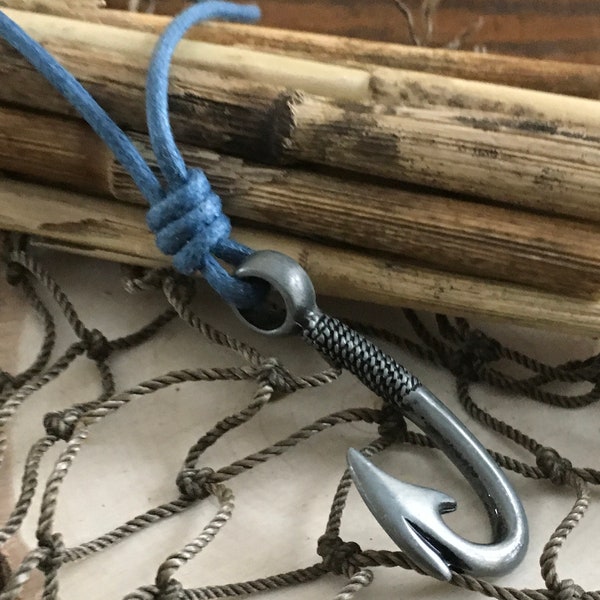 Men’s Waterproof Cord “ Fish Hook” Rope design Large 44x28 Pewter Pendant Genuine  “Blue Black or Brown  Vegan Cord  “Adjustable Necklace