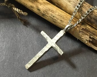 Minimalist Silver Hammered Cross Traditional Christian Antique Hammered Silver Pendant Silver Tarnish Free Stainless Steel Miami Necklace