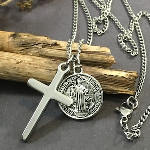 Waterproof St Benedict & Cross Pendant Necklace: Stainless Steel Cuban Link Chain