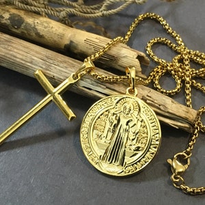 24k Gold Filled Saint Benedict & Cross Pendant Necklace