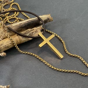 Men Set Gold Cross Box Chain Stainless Steel Necklace and  a Genuine Brown Adjustable Leather Layered Handcrafted Necklace Men Set