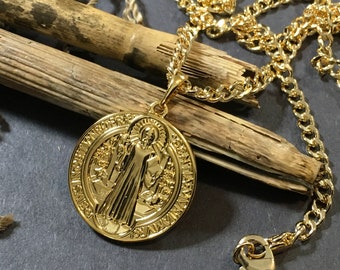 Mens 24K Gold Filled Saint Benedict Pendant Necklace: 18K Miami Cuban Link