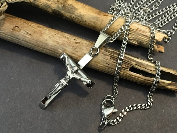 24k White Gold Filled Cross Crucifix: Stainless Steel Miami Cuban