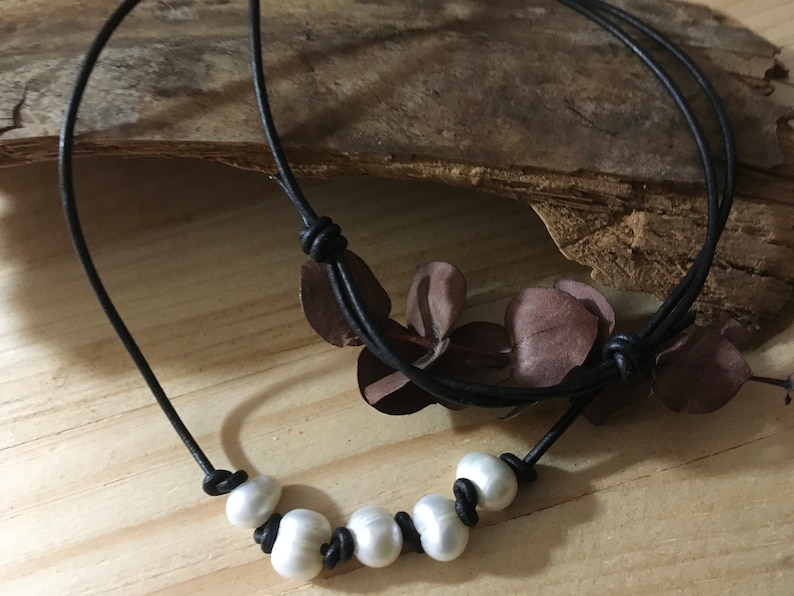 Fresh Water Oblong Natural Pearl Necklace Choker on a Genuine Leather Adjustable Necklace