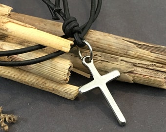 Stainless Steel Cross Necklace: Adjustable Leather or Vegan Cord