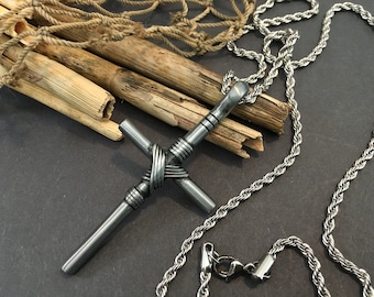 Mens Large Pewter Cross Pendant: Stainless Steel Rope Chain Necklace