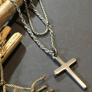 Mens Set (2) Necklaces Both Tarnish Free Waterproof Sweat Proof  One Silver Rope Necklace with Stainless Cross One Stainless Steel Box Chain