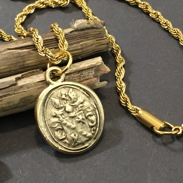 Armorial Family Wax Seal Antique 12k Gold Plated Pendant on a Tarnish Free Gold Twist Waterproof Rope Chain Necklace