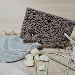 Pode incluir: Uma pedra-pomes marrom, áspera e texturizada com um cordão branco amarrado. A pedra está sentada em um pedaço de madeira flutuante com pedras brancas espalhadas ao redor.