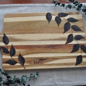 acacia wood cutting board | charcuterie cheese board | serving tray | leaves design | wood burned pyrography