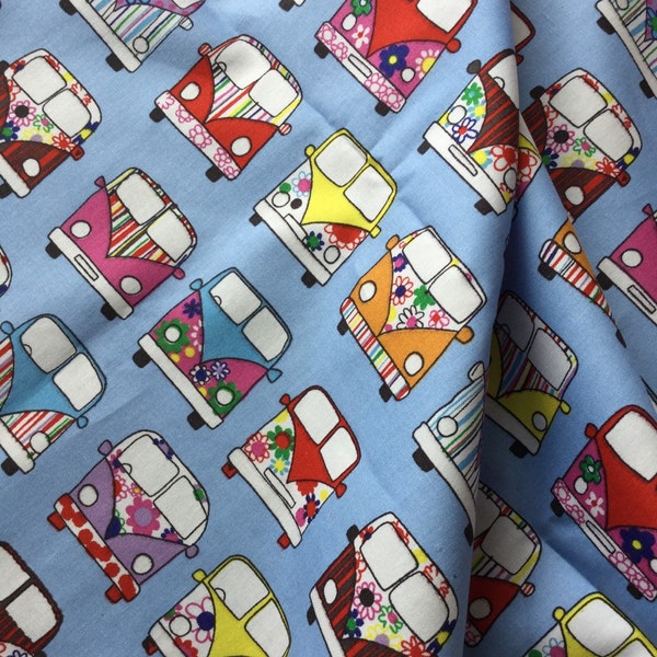 Cotton Campervan Fabric - Blue Camper Van 100% Cotton Material - Car Fabric - Price per Metre