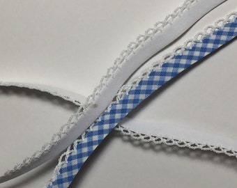 Bias Binding Trim - 12mm Sewing Trim - Craft Supplies - Gingham School Bias Binding - White Lace Edge - Priced per Metre