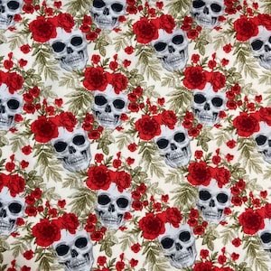 Sculls and Roses Fabric - The Day of The Dead Style Cotton Material - Craft Material - 100% Cotton Fabric - Priced per Metre