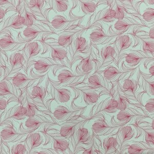 May include: A seamless fabric pattern featuring pink stylized feathers on a light green background.
