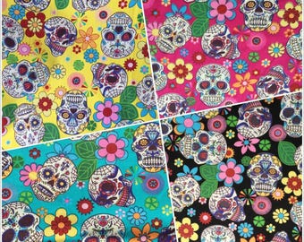 Sugar-skull Cotton Fabric - Rose&Hubble - 100% Cotton Fabric with Skulls and Flowers Sugarskull Cerise Turquoise Black Craft Fabric Material