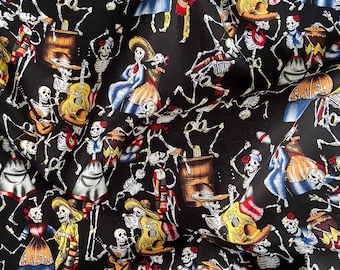 May include: Black fabric with a repeating pattern of colorful skeletons dressed in traditional Mexican clothing. The skeletons are holding musical instruments, flowers, and other festive items. The fabric is perfect for crafting projects, such as costumes, bags, and home decor.