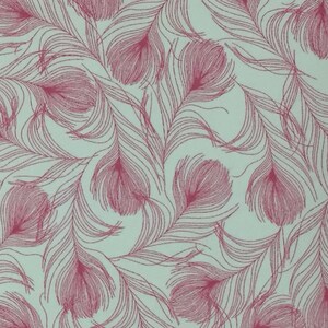 May include: A seamless pattern of pink feathers on a light blue background. The feathers are drawn in a detailed, intricate style.