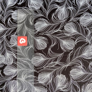 May include: Black fabric with a white feather pattern. The feathers are arranged in a random pattern and are all the same size.