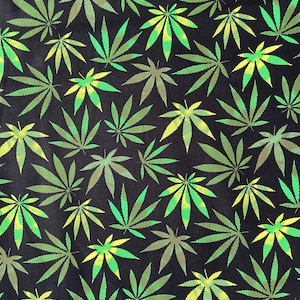 Hemp on Black Cotton - 100% Cotton Material -  Hemp Leave Fabric - Sewing Material - Price per Metre