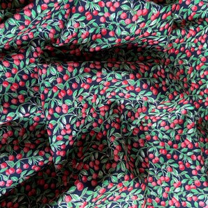 Red Berries on Navy Cotton - 100% Cotton Material - Fruit Themed Fabric - Sewing Material - Price per Metre