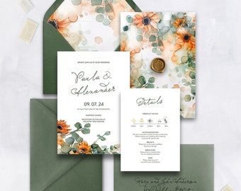 Zonnebloem bruiloft uitnodiging set | Handgemaakte huwelijksuitnodigingset | Perkament jas uitnodiging set | Detailkaart met persoonlijke tijdlijn