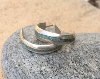 Southwestern Inlay Turquoise Hoop Earrings, Hoop Earrings with Southwest Turquoise Inlay, Turquoise and Silver Inlay Hoop Earrings, Earrings