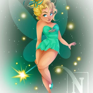 Tink – Peter Pan Tinker Bell Inspired Fan Art Print – Sparkly Green Fantasy Fairy Illustration – 5x7 8x10 11x14 Print