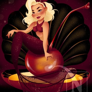 Kers – pin-up zeemeermin kunstprint – retro burleske muurillustratie – 5 x 7 of 8 x 10 fine-art print